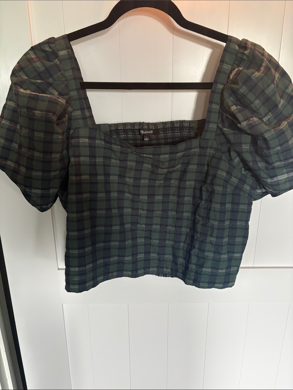 Madewell Green Plaid Puff-Sleeve Crop Top with Navy Accents